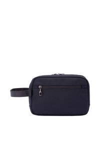 Borsa da viaggio compatta blu navy realizzata in tessuto texturizzato, dotata di un compartimento principale con zip, una tasca frontale e una maniglia in pelle.