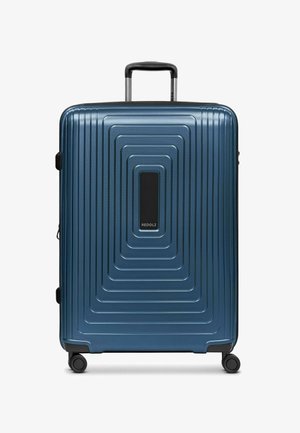 Maleta rígida azul con mango telescópico, cuatro ruedas giratorias y diseño rectangular concéntrico en el panel frontal.