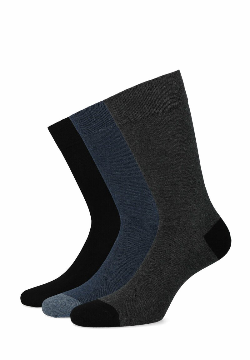 Cztery pary skarpetek załogowych w kolorach czarnym, ciemnoszarym, granatowym i jasnoszarym. Posiadają ryflowane mankiety oraz wzmocnione palce.