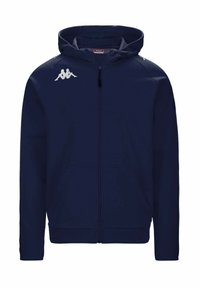 Mornarska zip-up kapuca iz mehkega blaga, z kapuco, dvema sprednjima žepoma in belim logotipom na levi prsni in rami.