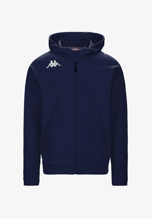 Mornarska zip-up kapuca iz mehkega blaga, z kapuco, dvema sprednjima žepoma in belim logotipom na levi prsni in rami.