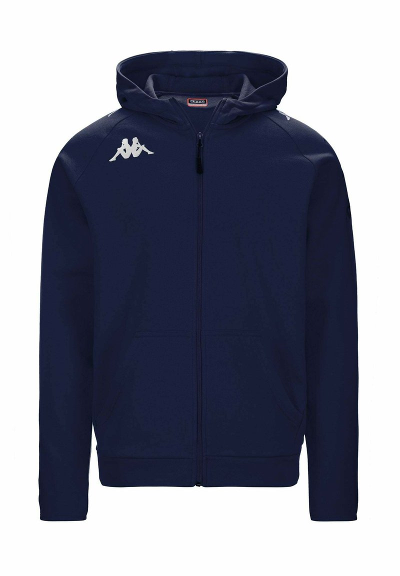 Mornarska zip-up kapuca iz mehkega blaga, z kapuco, dvema sprednjima žepoma in belim logotipom na levi prsni in rami.