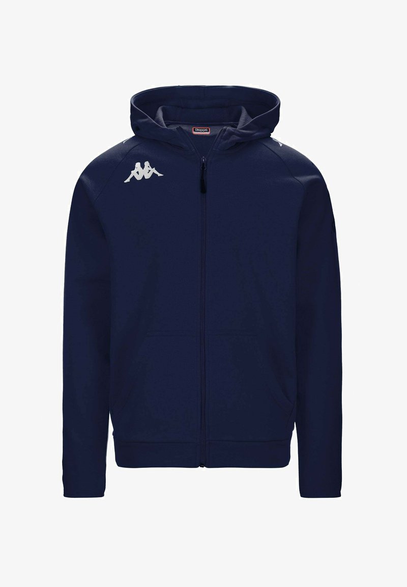 Mornarska zip-up kapuca iz mehkega blaga, z kapuco, dvema sprednjima žepoma in belim logotipom na levi prsni in rami.
