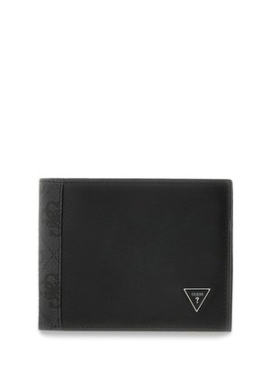 Portefeuille noir bi-pli avec un bord gauche texturé et un petit logo triangulaire argenté Guess en bas à droite.