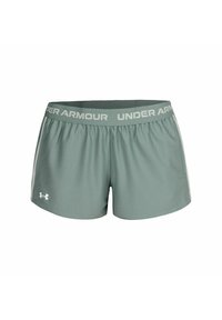 Hellgrüne Under Armour Shorts mit einem elastischen Bund, auf dem der Markenname steht. Glattes Material mit seitlichen Einsätzen für Belüftung.
