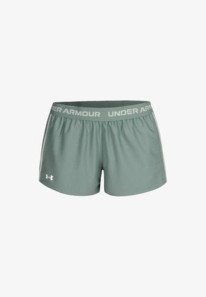 Hellgrüne Under Armour Shorts mit einem elastischen Bund, auf dem der Markenname steht. Glattes Material mit seitlichen Einsätzen für Belüftung.