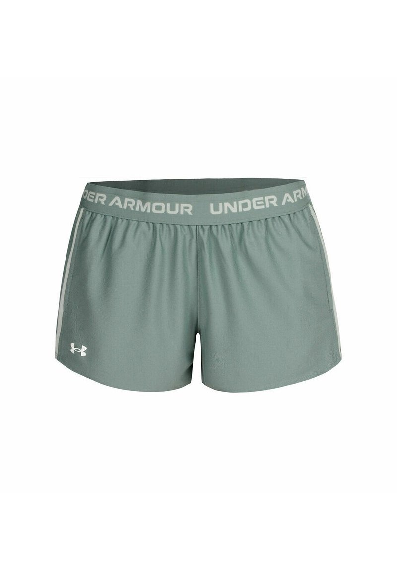 Hellgrüne Under Armour Shorts mit einem elastischen Bund, auf dem der Markenname steht. Glattes Material mit seitlichen Einsätzen für Belüftung.