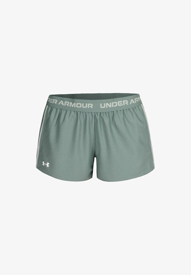 Hellgrüne Under Armour Shorts mit einem elastischen Bund, auf dem der Markenname steht. Glattes Material mit seitlichen Einsätzen für Belüftung.