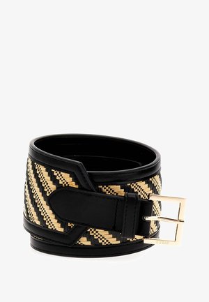 Woven belt with a black leather base and a patterned yellow and black design. Features a gold square buckle and a smooth texture.