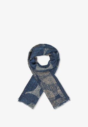 Blue and beige patterned scarf with geometric designs, folded with fringed edges on white background.