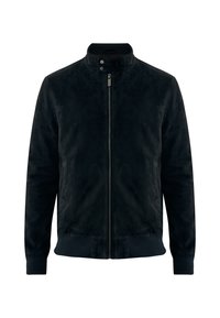 Chaqueta bomber de ante negra con cierre de cremallera en la parte delantera, cuello de botón, puños y dobladillo acanalados. Presenta una textura suave y un diseño simple y limpio.