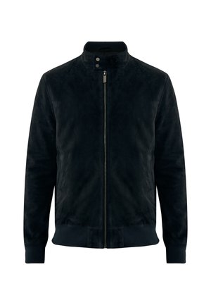 Giubbotto bomber in suede nero con zip frontale, colletto a pressione, polsini e orlo a coste. Presenta una texture liscia e un design semplice e pulito.