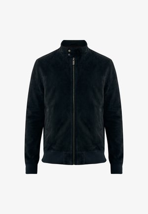 Schwarze Wildleder-Bomberjacke mit einem Reißverschluss vorne, Druckknopfklerze, gerippten Bündchen und Saum. Sie hat eine glatte Textur und ein einfaches, sauberes Design.