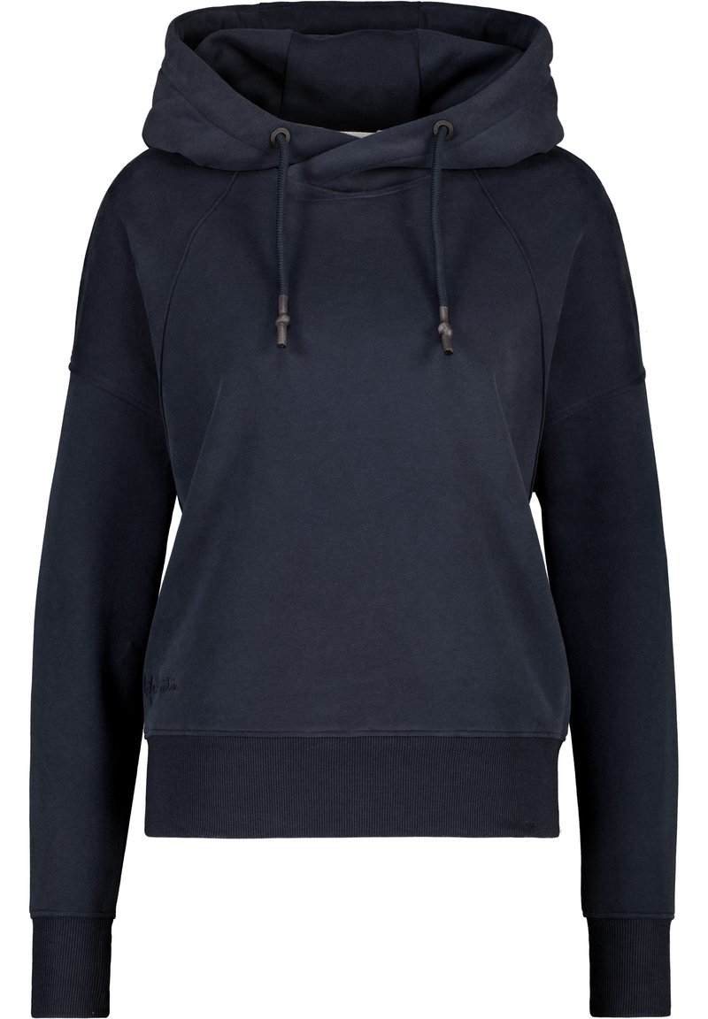 Felpa blu navy con cappuccio regolabile, maniche raglan, polsini e orlo a coste. Tessuto morbido e testurizzato con dettagli minimi.