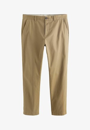 Beige sirge lõikega chinos-püksid, millel on küljetaskud, nupuga sulgemine ja sile tekstuur, sobivad vabaaja kandmiseks.