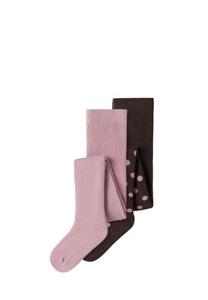 Deux paires de collants pliés, un uni violet clair et un marron foncé avec des pois violet clair, sur fond blanc.