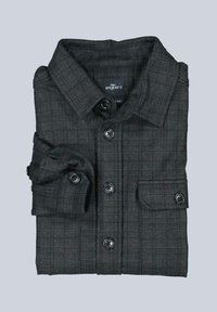 Dark grey plaid shirt made of textured fabric, featuring a button-down collar, front buttons, and two buttoned chest pockets.