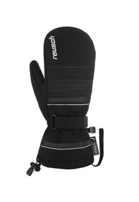 Moufles noires en matériau softshell, dotées d'une sangle en velcro, d'un design rembourré, d'accents réfléchissants et d'une surface texturée pour une bonne prise sur la paume.