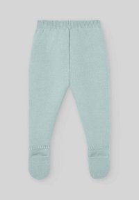 Leggings pour bébé en tricot bleu clair avec une taille côtelée, un design avec des pieds et un tissu texturé, dotés de pointes arrondies et douces.