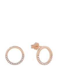 Pendientes de aro en oro rosa con un diseño circular, que cuentan con una fila de piedras claras y brillantes a lo largo del borde inferior. Marcaje de plata 925 visible.