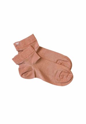 Coppia di calzini color marrone chiaro fino alla caviglia con polsini risvoltati e fili metallici sottili per un effetto scintillante.