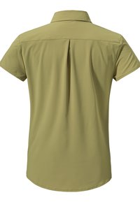 Short-sleeve shirt in olive green, featuring a collared neck, back pleat detail, and smooth texture. Designed for casual wear.