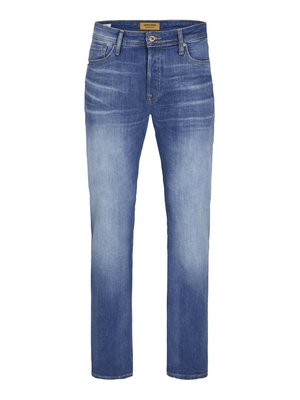 Jean en denim bleu clair avec une coupe droite, présentant une finition délavée, un design standard à cinq poches et une fermeture à bouton à la taille.