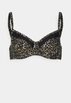 Biustonosz w panterkę z czarnymi ramiączkami, wsparciem w postaci fiszbin i gładką fakturą. Szczegółowe przeszycia i usztywniane miseczki dla lepszego kształtu.