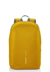 Yellow backpack with a textured, smooth fabric, a top handle, and grey accents; features a sleek, rectangular design and a logo detail.