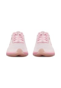 Világos rózsaszín sportcipők hálós felsőrésszel, lekerekített orral és puha gumitalppal, fűzős zárással és diszkrét márkázással.