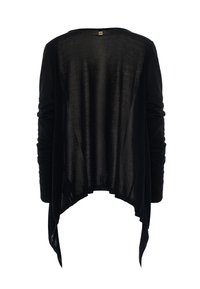 Maglietta nera leggera a maniche lunghe con un orlo asimmetrico e fluente, caratterizzata da una trama leggermente trasparente e un colletto rotondo.