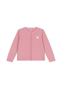 Helles rosa Langarm-Cardigan aus weichem Material, mit rundem Ausschnitt, Knopfverschluss und einer kleinen weißen Herzstickerei.
