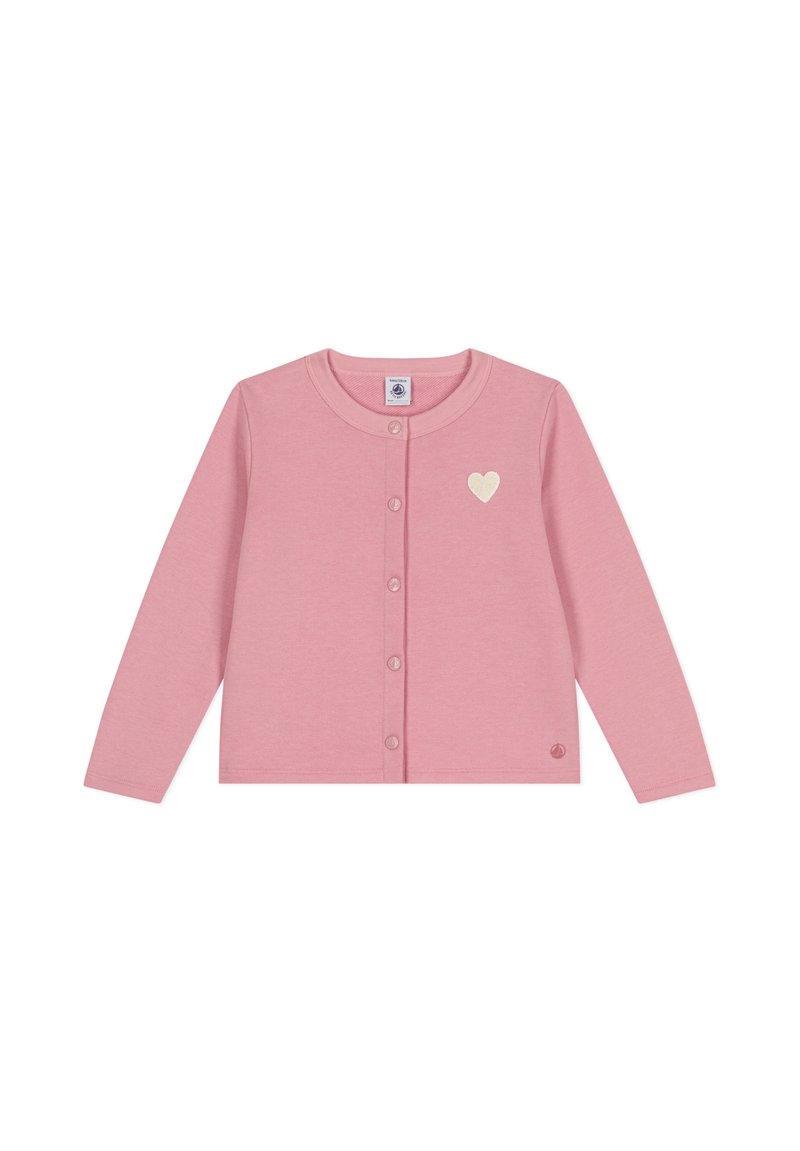 Helles rosa Langarm-Cardigan aus weichem Material, mit rundem Ausschnitt, Knopfverschluss und einer kleinen weißen Herzstickerei.