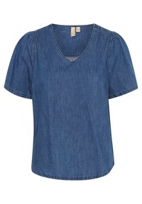 Denim tops ar V-veida kakla izgriezumu, īsām pūkainām piedurknēm un brīvā sagriezuma. Tam ir tumši zilā krāsā un smalkas šuvju detaļas.