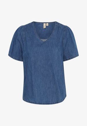 Denim srajca z V-izrezom, kratkimi napihnjenimi rokavi in sproščenim krojem. Ima enotno temno modro barvo in subtilne šive.