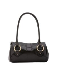 Borsa in pelle nera con due manici arrotondati, hardware circolare dorato e dettagli cuciti sul davanti e sui lati. Design compatto.