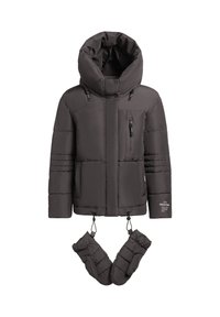 Mörkgrå vadderad jacka med hög krage, avtagbar huva, dragkedja framtill och fickor, samt matchande isolerade handskar. Slät textur, sydd design.