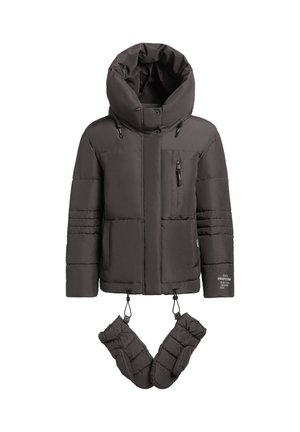 Tumehall padjaga jakk kõrge kraega, eemaldatava kapuutsiga, ees lukuga ja taskutega, ning sobivad isoleeritud kindad. Sile tekstuur, õmmeldud disain.