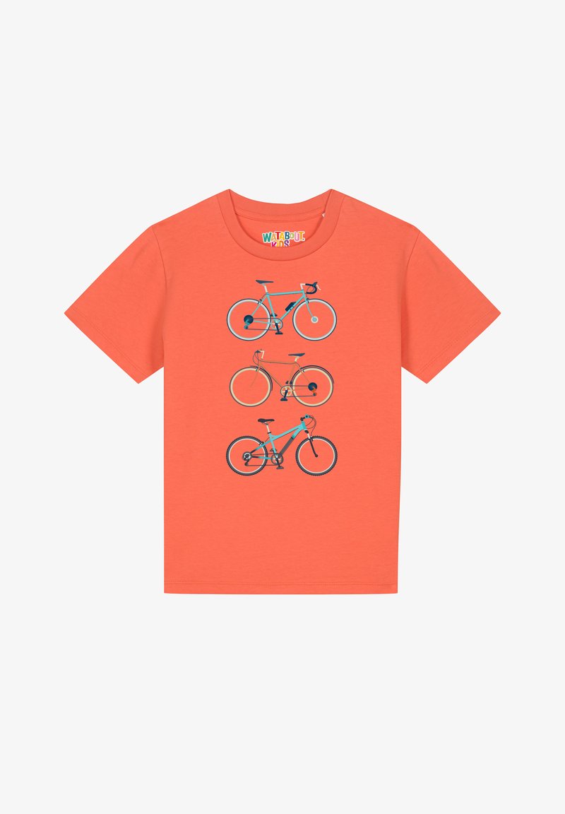 T-shirt en coton corail avec trois graphismes de bicyclettes en bleu et noir dans des styles variés : course, urbain et montagne. Manches courtes.