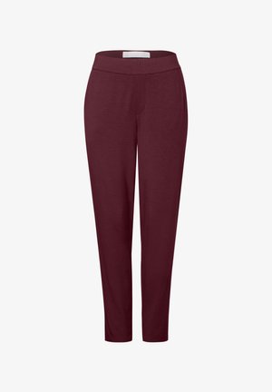 Burgundské látkové kalhoty s hladkým povrchem. Úzký střih s elastickým pasem. Žádné viditelné kapsy nebo vzory. Rovný střih nohavic.
