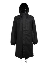 Schwarze, wasserdichte Jacke mit Kapuze, gefütterter Brusttasche, elastischen Bündchen, verstellbarem Saum und einem Logo-Patch auf dem linken Ärmel.