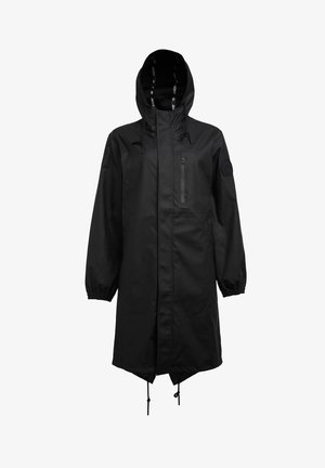 Czarna wodoodporna kurtka z kapturem, zapinana na zamek kieszeń na piersi, elastyczne mankiety, regulowany dół i naszywka z logo na lewym rękawie.