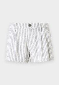 Pruhované šortky v šedé a bílé barvě, s pevným pasem, jedním knoflíkem a texturovaným materiálem s vertikálními pruhy.