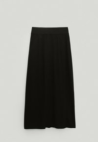 Gonna midi nera a vita alta con silhouette a trapezio e ampia vita, esposta su uno sfondo grigio chiaro uniforme.