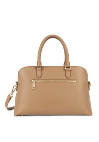 Sac à main en cuir tan avec double anses, une bandoulière amovible et une poche zippée à l'avant. Caractéristiques en métal doré et surface texturée.