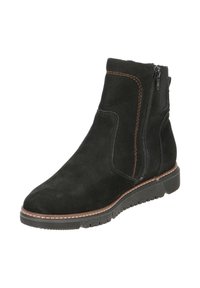 Schwarze Wildleder-Stiefelette mit seitlichem Reißverschluss, kontrastreichem orangefarbenem Nähten, subtiler Textur und Gummisohle mit Profil für besseren Halt.