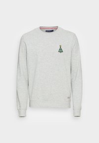 Felpa grigia con maniche lunghe e scollo rotondo. Presenta un piccolo ricamo di un albero di Natale verde sul petto a sinistra.