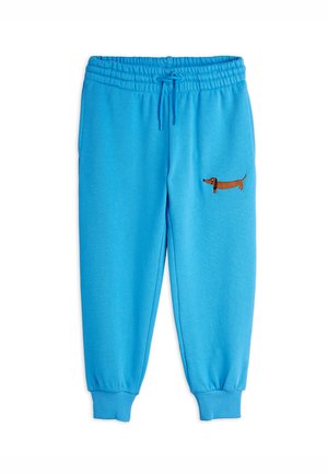 Blue sweatpants made of cotton blend with elastic waistband, drawstring, and ribbed cuffs; features a brown embroidered dachshund on the side.