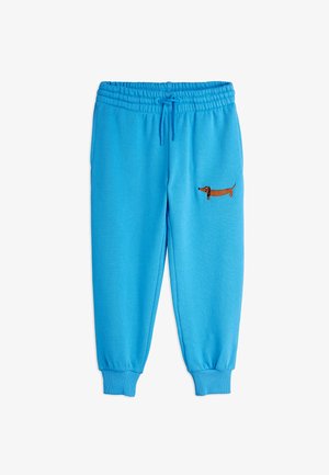 Blaue Jogginghose aus Baumwollmix mit elastischem Bund, Kordelzug und gerippten Bündchen; auf der Seite befindet sich ein brauner gestickter Dackel.