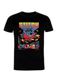 Czarny bawełniany T-shirt z kolorową grafiką Sticha w czerwono-niebieskich kolorach, z elementami kosmicznymi i tekstem opisującym jego obcą postać.
